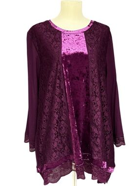 LOGO by Lori Goldstein Purple Velvet Lace Tunic Top Large